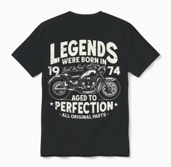 1974 Born Legends 50th Birthday Motorcycle Unisex T-Shirt in Black