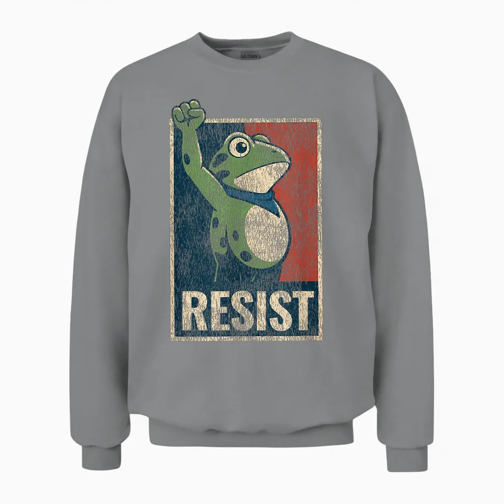 Portland Frog Protest Resist Raised Fist Distressed Retro Unisex Sweatshirt in Sport Grey