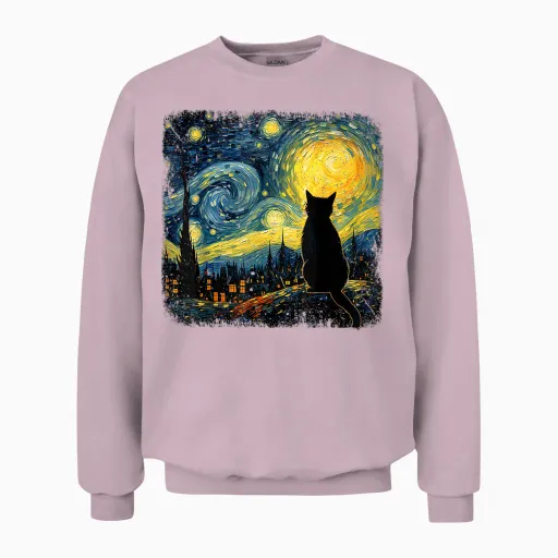 Cat Starry Night Van Gogh Cat for Cat Lover Cat Mom Cat Dad Unisex Sweatshirt - Light Pink