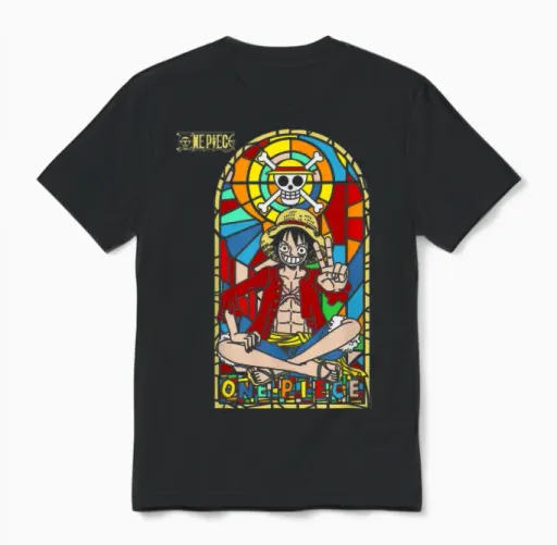 One Piece Anime Monkey D. Luffy Stained Glass Window Unisex T-Shirt in Black