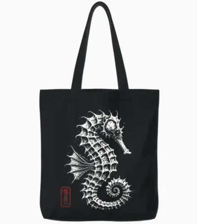 Seepferdchen Japanisches Kanji Ozeantier Kunst Tote Bags - Black