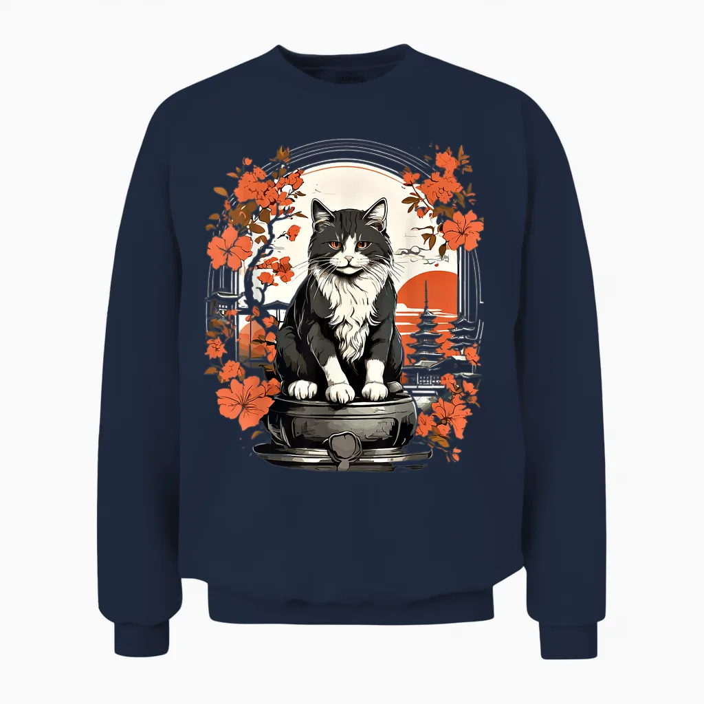 Japanische Katze, ästhetisch, Herren, Damen, Kinder, Japanischer Stil Unisex Sweatshirt in Navy
