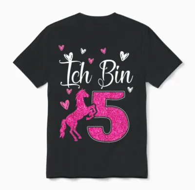 Kids 5th Birthday Horse Gift Horse Girl Cute 5 Years Old T-Shirt, Black Unisex T-Shirt - Black