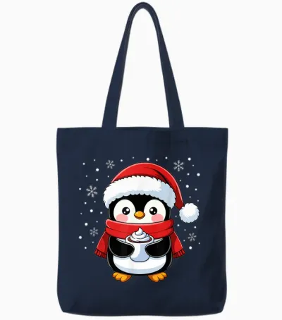 Penguin Christmas Santa Claus Cute Penguin Love Animal T-Shirt, Black, S Tote Bags - Navy