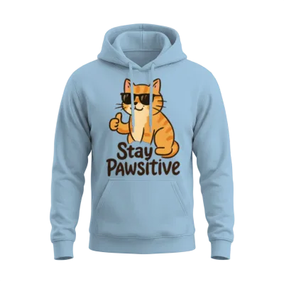 Stay Pawtive Cat with Sunglasses Unisex Hoodie - Light Blue