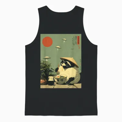 Funny Vintage Japanese Raccoon Ramen Ufo Alien Space Noodles Unisex Tank Top - Black