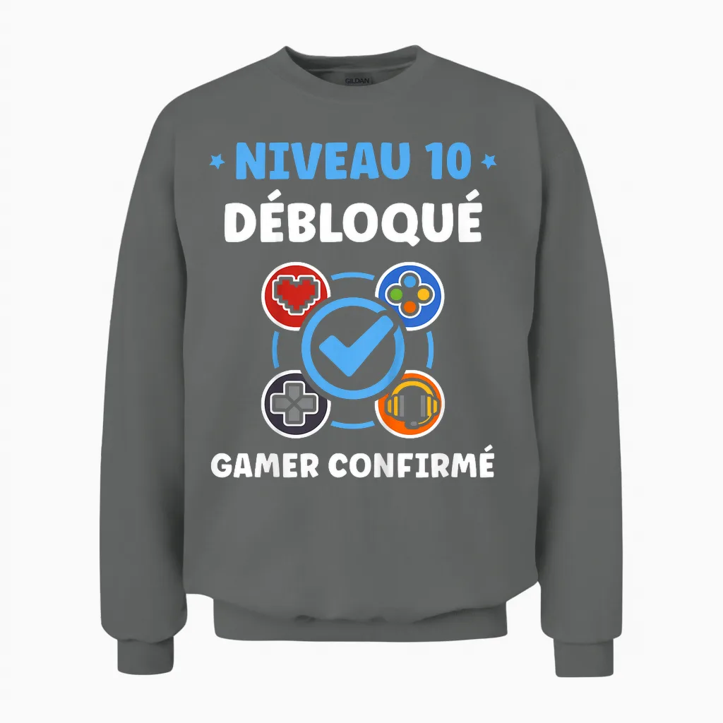 Enfant Gamer Niveau 10 Ans Geek Humour Anniversaire 10 Ans Unisex Sweatshirt in Graphite Heather