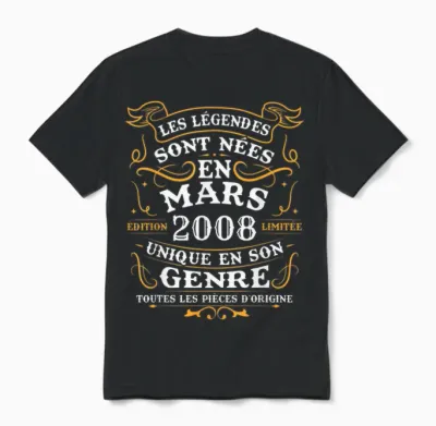 Vintage Birthday Gift 18 Years Born in March 2008 Unisex T-Shirt - Black