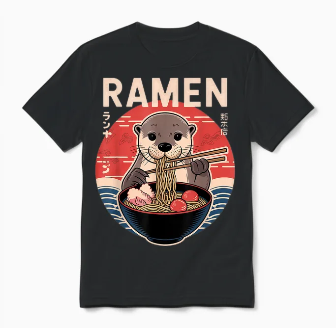 Otter Ramen Japanese Noodles Kawaii Anime Otter T-Shirt, Black, S Unisex T-Shirt in Black