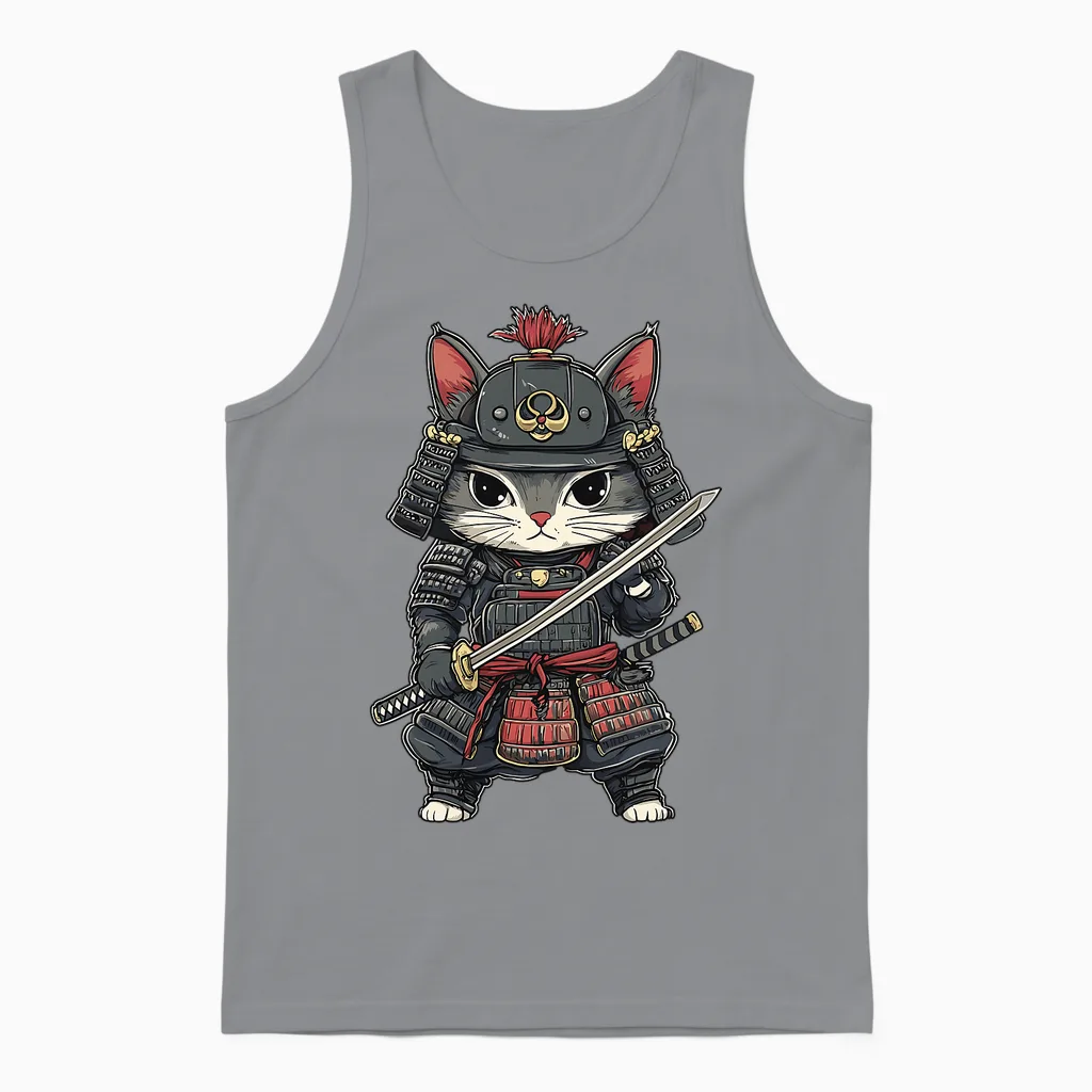 Chat Samouraï Japonais, Guerrier, Anime Et Kawaii, Chaton Ninja T-Shirt Haut De Gamme Unisex Tank Top in Sport Grey