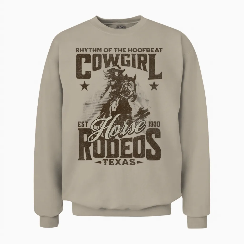 Rhythm of the Hoofbeat Cowgirl Horse Rodeos Texas Pferd Unisex Sweatshirt in Sand