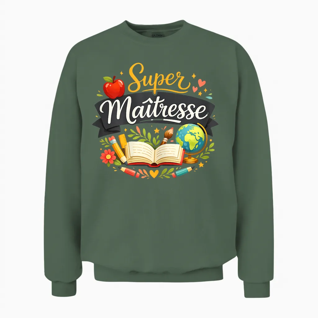 Cadeau Super Maîtresse D'école Fin D'année Drole Enseignante Unisex Sweatshirt in Military Green