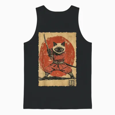 Japanese Art Vintage Funny Siamese Cat Ninja Warrior Samurai Unisex Tank Top - Black