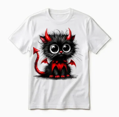Süße Katze Kätzchen Halloween Schwarz Teufel Cartoon T-Shirt, Black Unisex T-Shirt - White