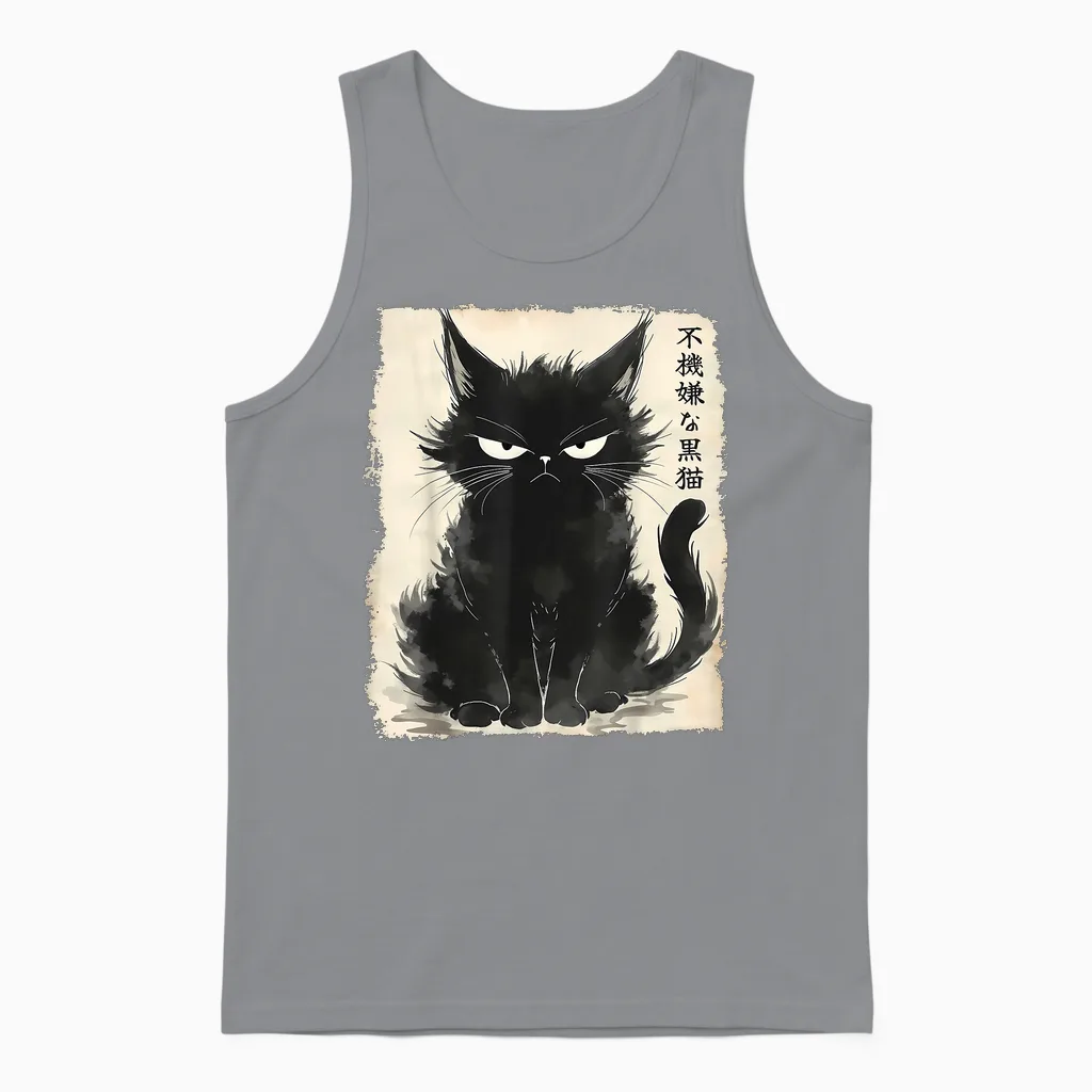 Grumpy Black Cat Neko Vintage Japanische Kunst Anime Kawaii Unisex Tank Top in Sport Grey