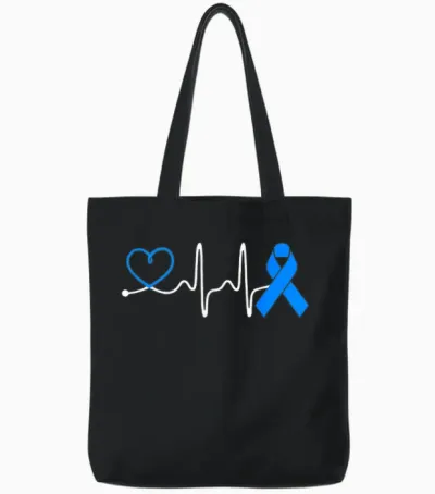 Blue Ribbon Heart Beat for Colon Cancer Awareness T-Shirt, Black, S Tote Bags - Black