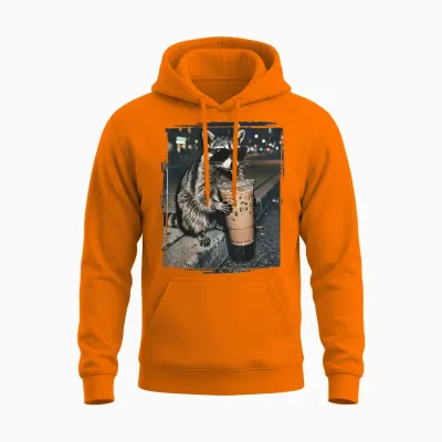 Raccoon Drinking Iced Coffee Funny Animal Meme Men Women Unisex Hoodie - Safety Orange