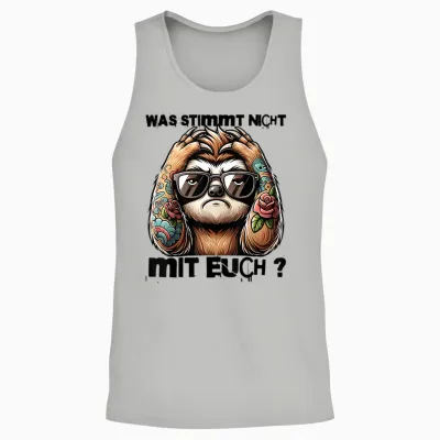 T-Shirt with German Text "ich Hasse Menschen - Was Stimmt Denn Mit Dir Nicht ", White Unisex Tank Top - Ash