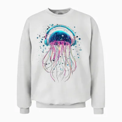 @n!mal Quallen Tiermotiv Musik Kopfhörer Kunst Quallen T-Shirt Schwarz S Cartoon Klassisch Crew-Neck Kurzarm Unisex Erwachsene Kinder Tierliebhaber Unisex Sweatshirt - White