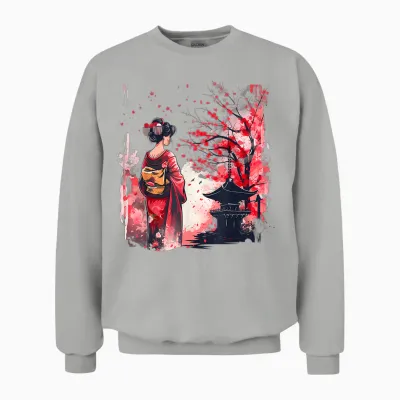 Japanese Geisha Sakura Cherry Blossom Pagoda Geisha Girl T-Shirt, Black, S Unisex Sweatshirt - Ash