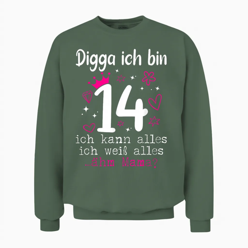 14th Birthday Girl Digga I Am 14 Years Teenager Unisex Sweatshirt in Military Green