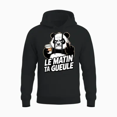 Le Matin Ta Gueule Funny Panda Coffee Sarcasm Funny Mood T-Shirt, Black, S Unisex Hoodie - Black