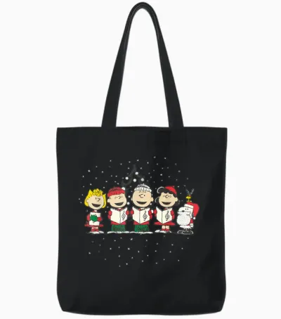 Peanuts Christmas T-Shirt - Blue, Unisex-Adults, Small, Short Sleeve, Classic Fit, Cotton, Polyester Blend Tote Bags - Black