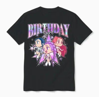Kpop Demon Hunters Birthday Girl Adorable Chibi Group Shot Unisex T-Shirt - Black