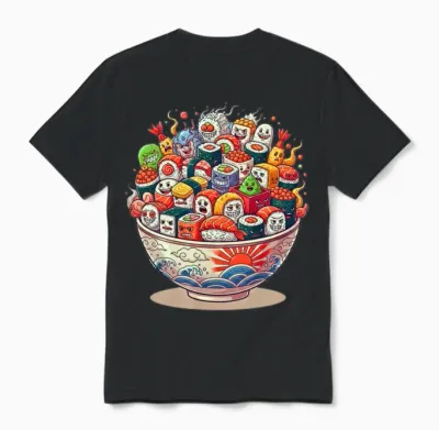 Kawaii Sushi Bowl Cartoon Parade Unisex T-Shirt - Black