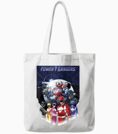 Power Rangers Fade Portrait Megazord Poster T-Shirt, Black, S Tote Bags - White