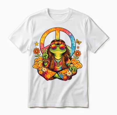Colourful Hippie Frog with Peace Sign Flower Power Unisex T-Shirt - White
