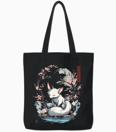 Japanese Kitsune Yokai White Fox Ghost Ukiyo-E Vintage T-Shirt, Black Tote Bags - Black