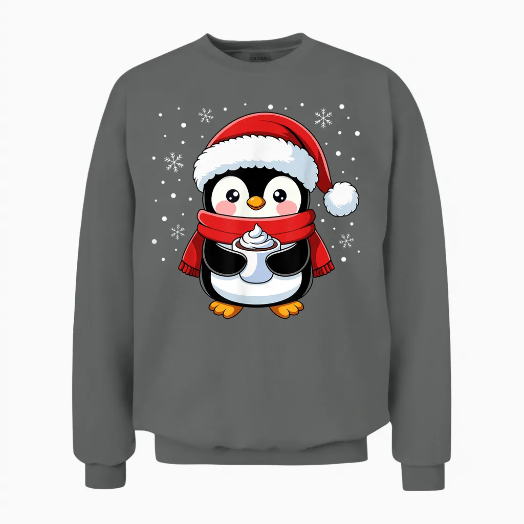 Penguin Christmas Santa Claus Cute Penguin Love Animal T-Shirt, Black, S Unisex Sweatshirt in Graphite Heather