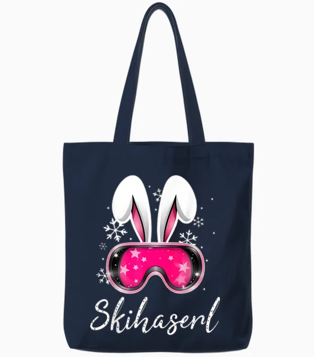 Skihaserl Aprés Ski Rabbit X Funny Ski Bunny Drawing T-Shirt, Black Tote Bags in Navy