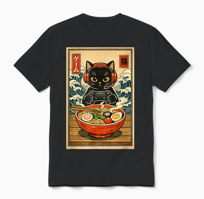 Kawaii Gamer Cat Funny Ramen Retro Cute Japanese Cat Gaming Unisex T-Shirt in Black