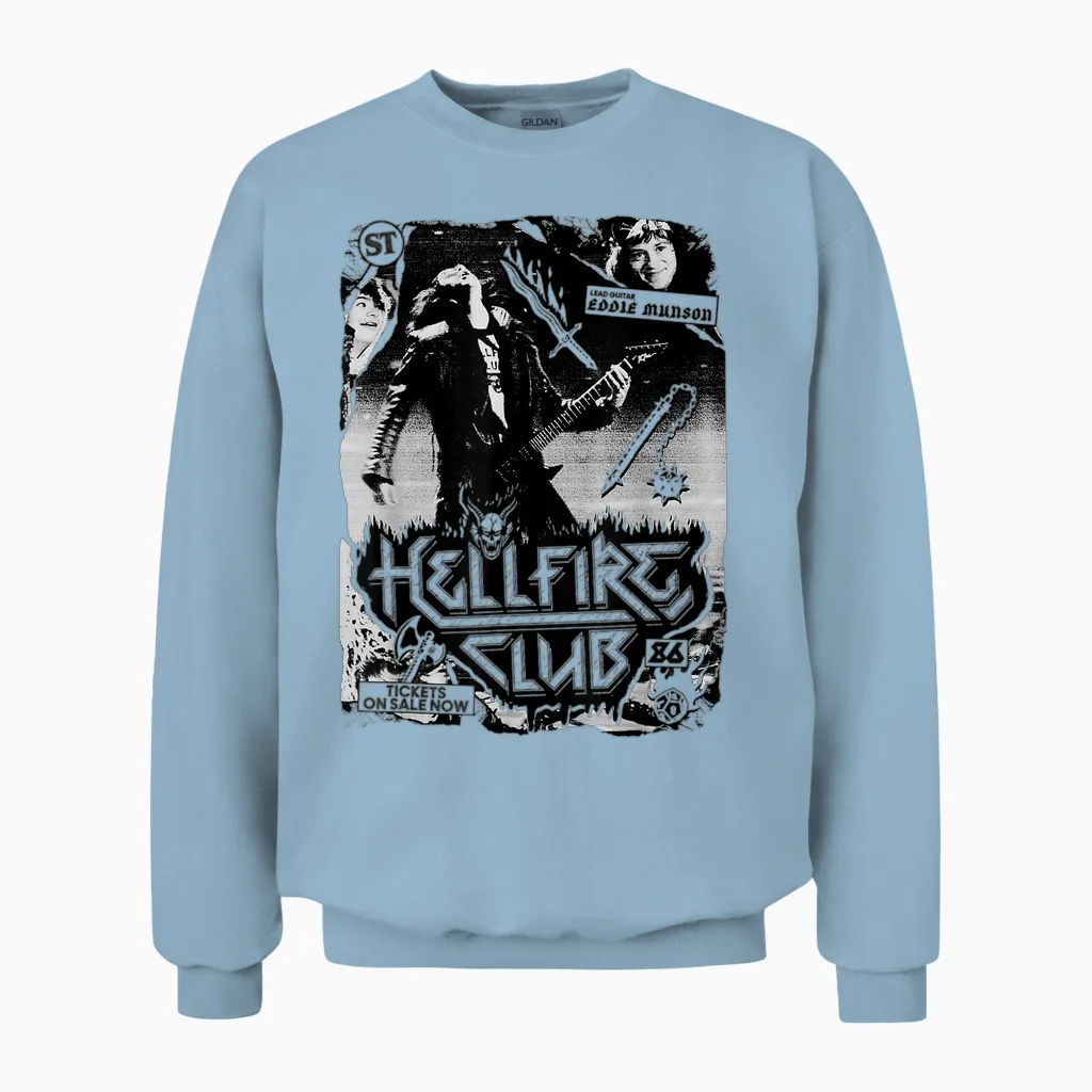 Stranger Things Hellfire Club Poster T-Shirt, White, S Unisex Sweatshirt in Light Blue