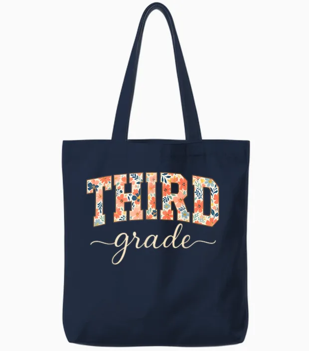 Floral Third Grade Back to School for Students and Teachers Tote Bags in Navy