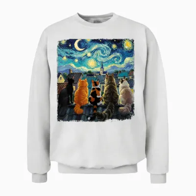 Funny Cat Starry Night Van Gogh Cats Rooftop Scene Feline Unisex Sweatshirt - White