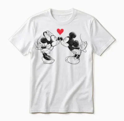 Disney Mickey Mouse and Minnie Sketch Kiss Valentine's Day T-Shirt, White Unisex T-Shirt - White