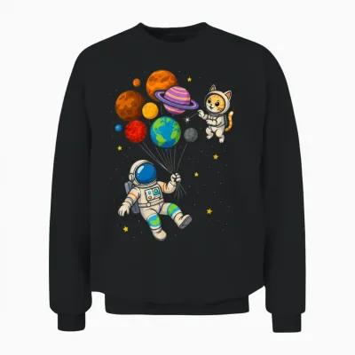 Lustiger Astronaut Hält Planeten Weltraum Katze Jungen Mädchen Kinder Unisex Sweatshirt - Black