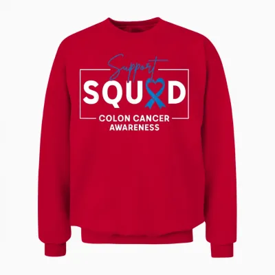 Support Squad Colorectal Colon Cancer Awareness Blue Ribbon Unisex Sweatshirt - Red