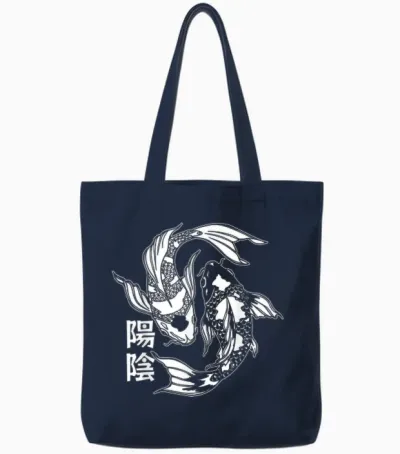 Koi Carp Fish Japan Kanji Japanese Retro Aesthetic Asian Art Tote Bags - Navy