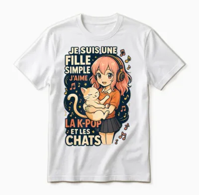 Girl K-Pop and Cats Manga Humor Music Cute T-Shirt, Black, S Unisex T-Shirt - White