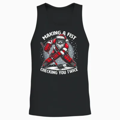 Making a Fist Checking You Twice Ugly Christmas Santa Hockey Unisex Tank Top - Black