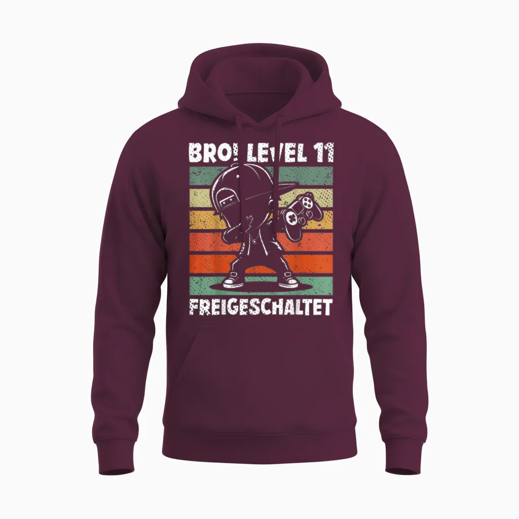 Bro! Level 11 Unlocked 11th Birthday Video Gamer Boy Unisex Hoodie in Maroon