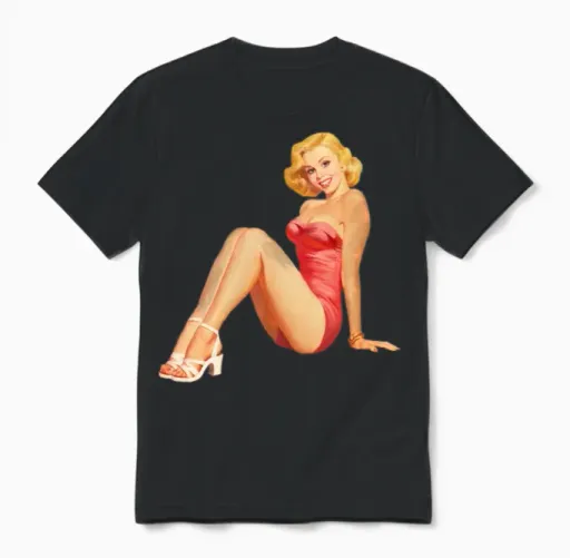 Vintage Retro Pin Up Girl in Red Unisex T-Shirt in Black
