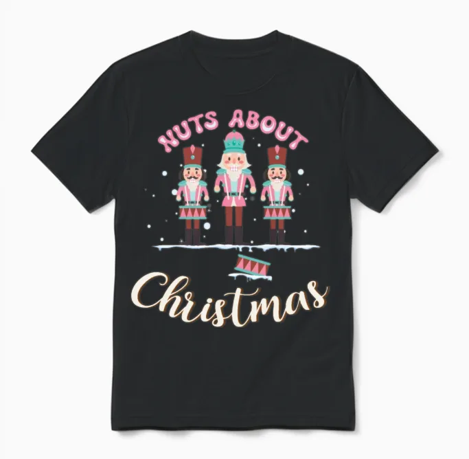 Pink Nutcracker Nuts About Christmas Holiday Unisex T-Shirt in Black