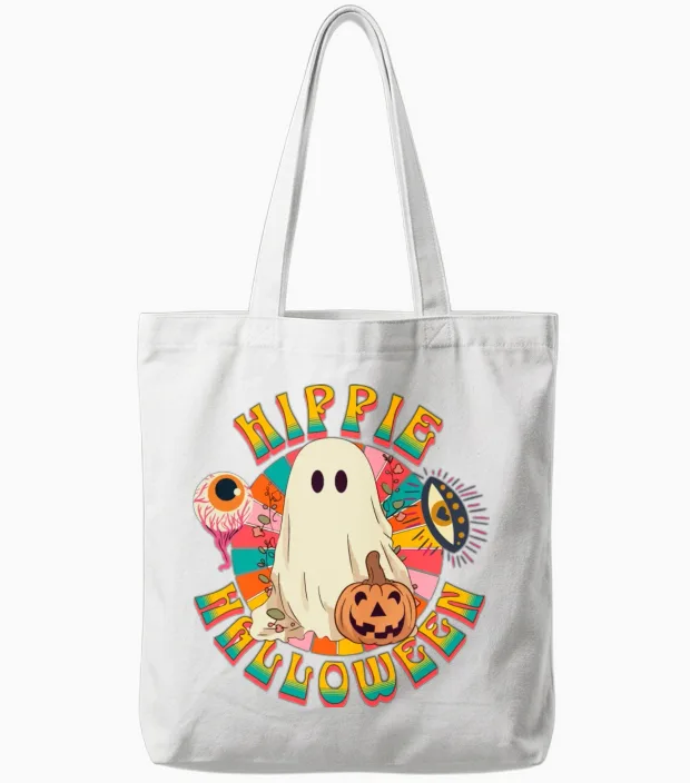 Hippie Halloween, Retro Ghost, Spooky Ghost, Retro Tote Bags in White