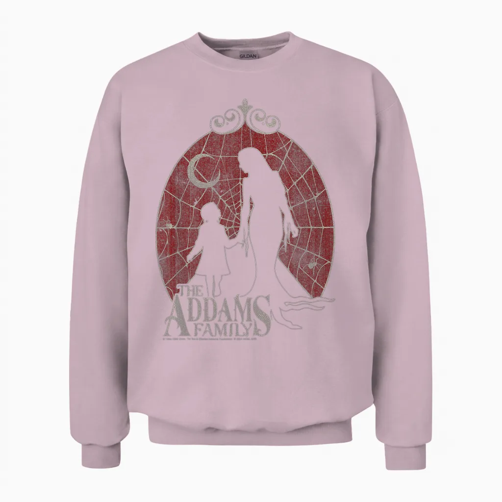 The Addams Family Morticia & Wednesday Spider Silhouettes Unisex Sweatshirt in Light Pink
