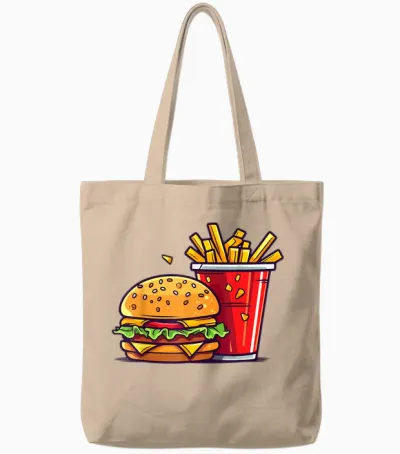 Burger and French Fries Kids Men Women Boys Girls Gourmet Tote Bags - Natural